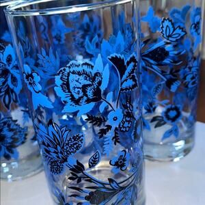 Set of 3 Cristar Mikonos Blue Floral Flowers Highball Tumbler Glasses